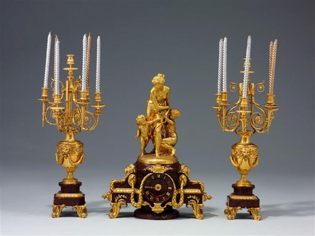 Clock and Candelabre in Marble and Gilt Bronze Collection Image