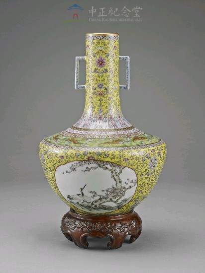 黃錦地開光花鶴福壽方耳瓶(二)藏品圖，第1張