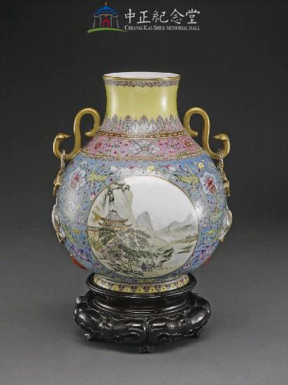 藍錦地開光雙景山水雙耳瓶(一) -國立中正紀念堂管理處-藏品資料
