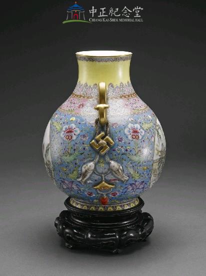 藍錦地開光雙景山水雙耳瓶(一) -國立中正紀念堂管理處-藏品資料