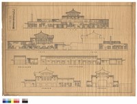 背面圖、左側面圖、右側面圖、餐廳及其他剖面圖、候車室及其他剖面圖、廣間縱剖面圖、廣間橫剖面圖藏品圖，第1張