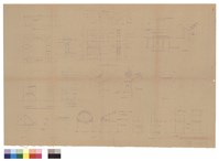 借書台立面、借書檯、書桌平面立面、書卡抽屜、書櫃立面剖面、空花格書架、藤椅、書桌、圓藤凳、新書櫥及藏書卡櫥詳圖、書桌圓型弧形部分立面、書桌平面、三角書桌、柳安坐椅、藏品圖，第1張