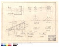 基礎平面、屋架結構圖、F1~F3、F4烟囪基礎、水平丹杉木接頭、魚鱗板墻詳圖、水平梁及火打梁接頭、丹杉木桁條接頭、立條板山牆藏品圖，第1張