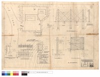 本處炸葯庫及雷管庫增建圍墻及管理員室平面圖、炸葯庫原有窓增建鉄柵及鉄絲網剖面圖(大門上簷)、炸藥庫正面花格磚外加鉄絲網,增建鉄柵,鉄刺網籬笆圍墻正面圖、水泥柱及固定刺鉄絲網側面圖、門柱結構圖、門正面圖藏品圖，第1張