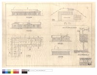 背面剖視圖、正,平面圖、達見工務所新建工程平面配置圖、右側立面圖、左側剖視圖、踏步,花圃牆,旗桿詳圖藏品圖，第1張