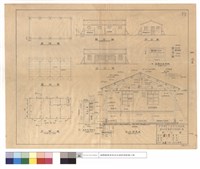 基礎圖、屋架圖、平面圖、背、正、側立面、木板門、玻璃門、甲~甲斷面圖、玻璃拉窗詳細藏品圖，第1張