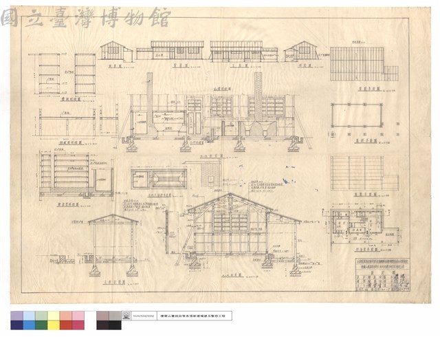 壁櫥,儲藏間,臉盆架明細圖、走廊,A-A,B-B剖面圖、側,背,正.屋面圖、基礎,屋架,水池及浴槽,厨浴室平面圖藏品圖，第1張