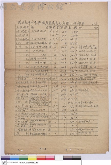 國立台灣大學教職員眷屬宿舍新建工程標單藏品圖，第1張
