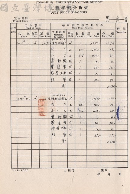 工程單價分析表，第2頁藏品圖，第1張