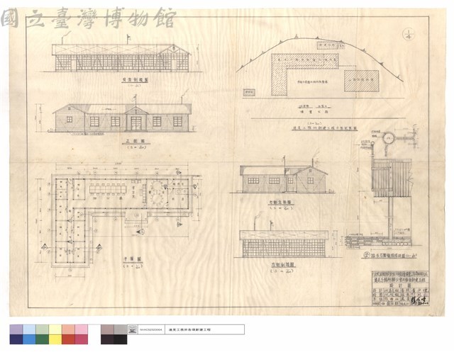 背面剖視圖、正,平面圖、達見工務所新建工程平面配置圖、右側立面圖、左側剖視圖、踏步,花圃牆,旗桿詳圖藏品圖，第1張