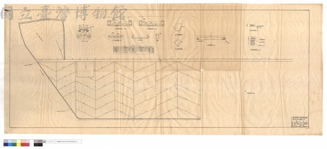 正面、C,D門涵版橫斷,縱斷面圖、鋼筋表、甲.丙.丁鋼筋、平行C,F道排水溝標準圖、A道路,場地及盲溝(平均)斷面圖藏品圖，第1張