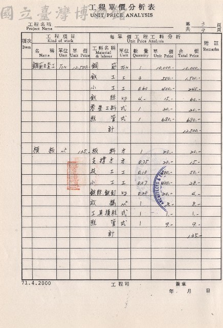 工程單價分析表，第3頁藏品圖，第1張