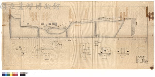 貯木池平面圖、橫斷面圖、內外彎尺寸圖、平面圖、水門柱剖視圖、A~A斷面圖、正面圖藏品圖，第1張