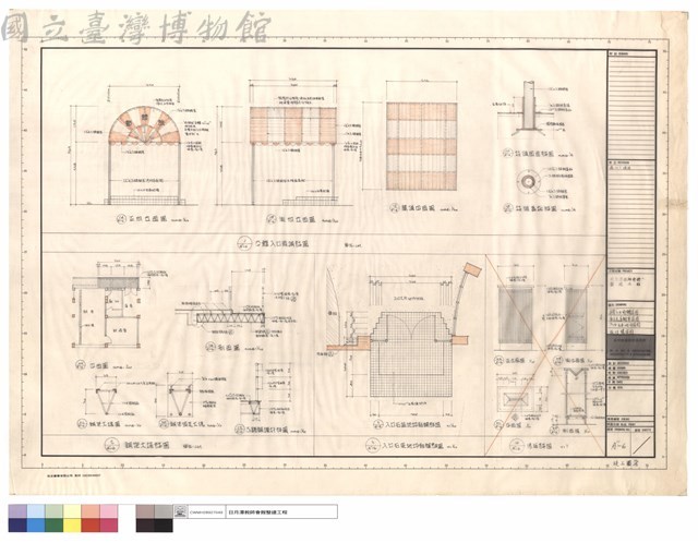 本館入口雨棚詳圖,庫房走道鋼架詳圖,入口石英地坪詳圖,投信櫃詳圖藏品圖，第1張