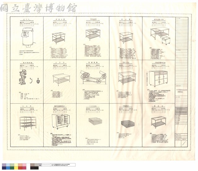 剝皮機、雙連水槽、魚肉處理槽、單水槽、殘菜處理槽(含車)、麵食攪拌機、工作台、製饅頭機、麵食工作台、六門式冷凍冷藏櫃、存放架、餐具消毒櫃(電氣式)、不锈鋼籃、不锈鋼籃子、滴水台藏品圖，第1張