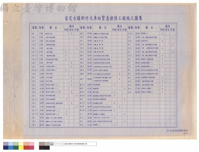 省定古蹟新竹火車站緊急搶修工程施工圖集索引表藏品圖，第1張