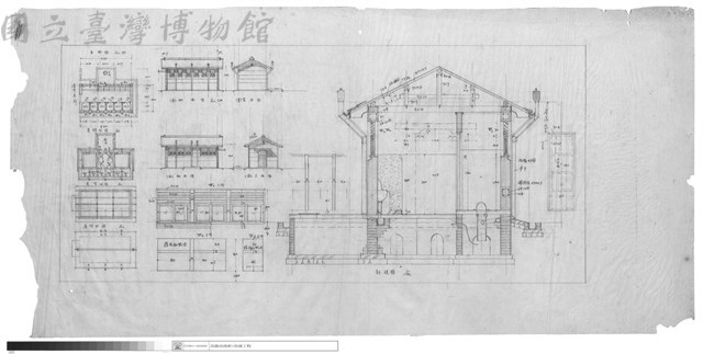 剖視圖、屋頂伏圖、屋架伏圖、(北)側面圖、(西)正面圖、(南)側面圖、(東)背面圖、基礎伏圖、平面圖藏品圖，第1張