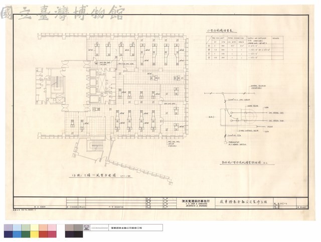 (B棟)三樓－風管平面圖.小型冷氣機接管表.吊掛式小型冷風機接管詳細圖N.S.藏品圖，第1張