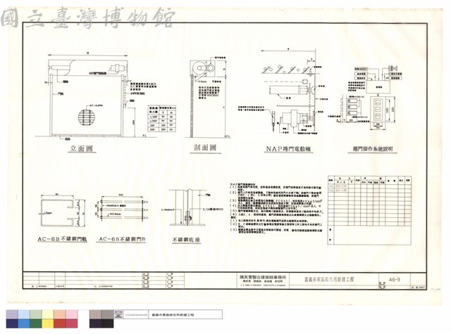 立面圖.剖面圖.NAP捲門電動機.捲門操作系統說明.AC-6B不鏽鋼門軌.AC-6B不鏽鋼門片.不鏽鋼底座藏品圖，第1張