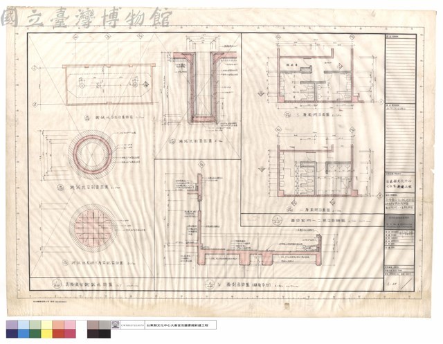 昇降舞台機械坑詳圖,肆層平台牆剖面詳圖,舞台廁所一,二層平面詳圖藏品圖，第1張