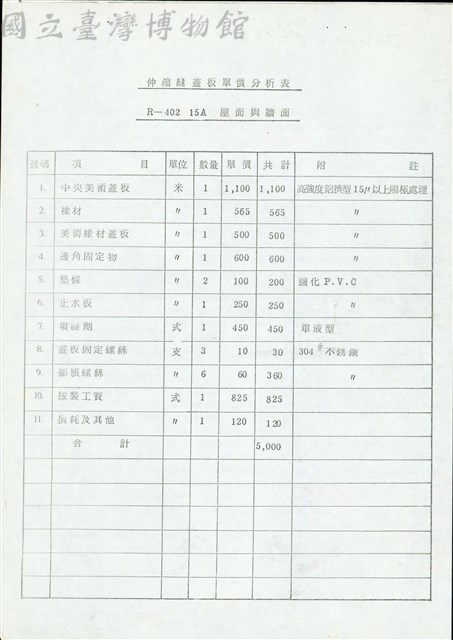 (伸縮縫蓋板單價分析表)藏品圖，第1張