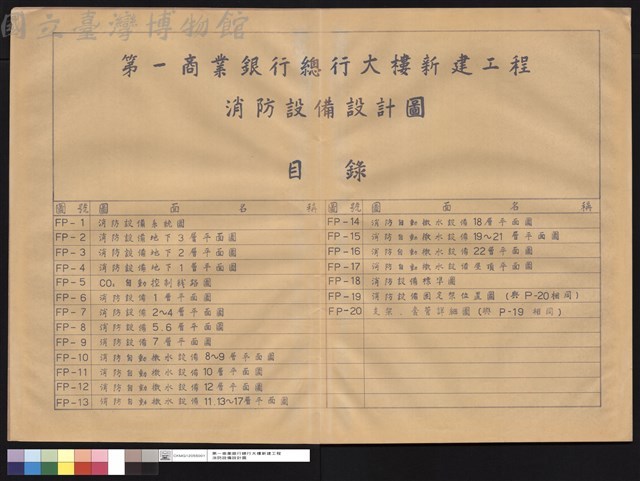 第一商業銀行總行大樓新建工程消防設備設計圖目錄藏品圖，第1張