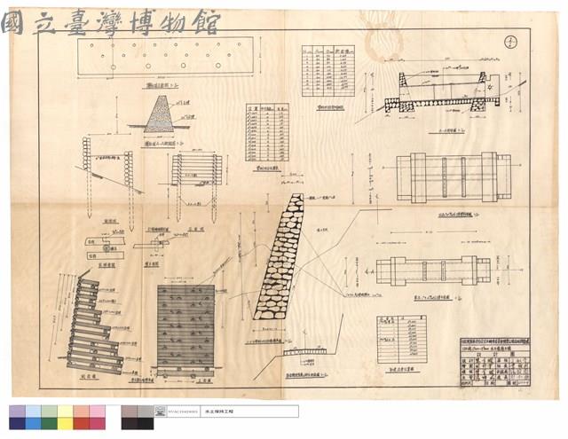 攔砂埧正面圖、攔砂埧A-A斷面圖、側面圖、正面圖、接桿,橫木接頭、打樁編柵設計圖、原木擋土墻標準圖、漿砌块石位置表、漿砌块石各部明細表、1:2:4漿砌块石擋牆標準圖、路面舖設基層及碎石斷面圖、A~A剖面圖、双涵,單涵壓力管標準平面圖、新建涵管位置圖藏品圖，第1張