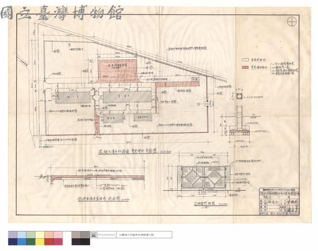 混凝土清水P.C.路面变更增加平面圖、停車場兼籃球場剖面圖、鉄管門詳圖,F1藏品圖，第1張