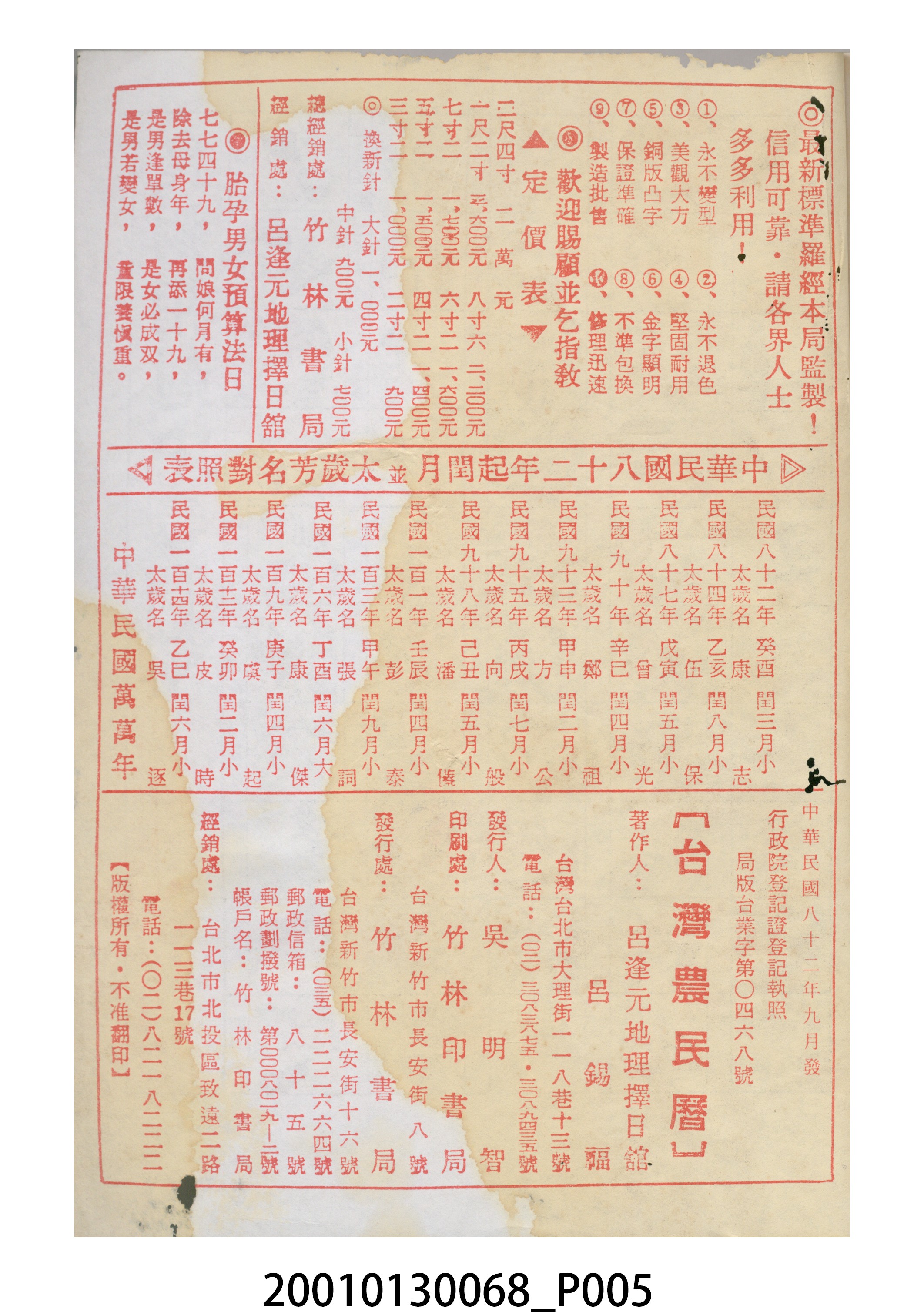 民國八十三年歲次甲戌《臺灣農民曆》 (共8張)