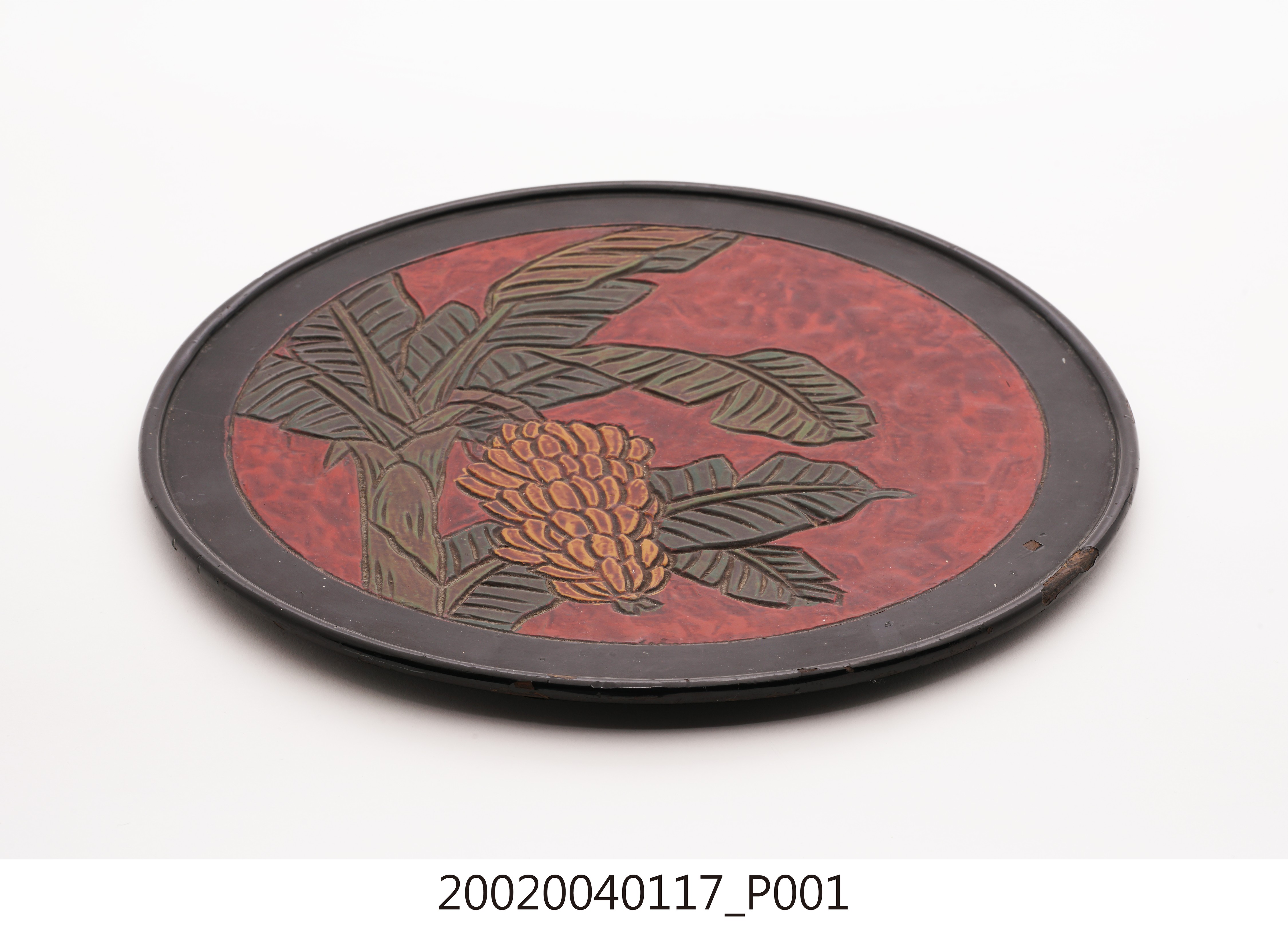 木胎雕刻彩繪磨顯香蕉在欉黃蓬萊塗圓型盤 (共10張)