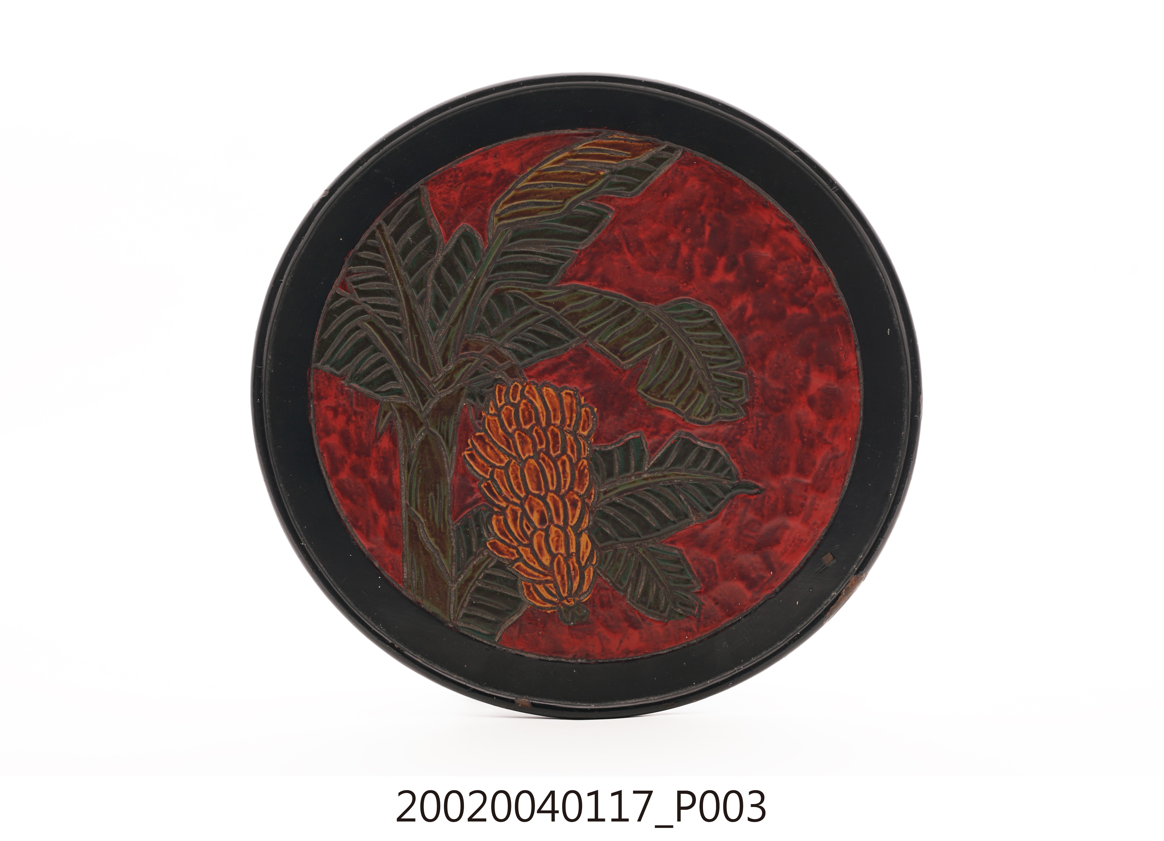 木胎雕刻彩繪磨顯香蕉在欉黃蓬萊塗圓型盤 (共10張)