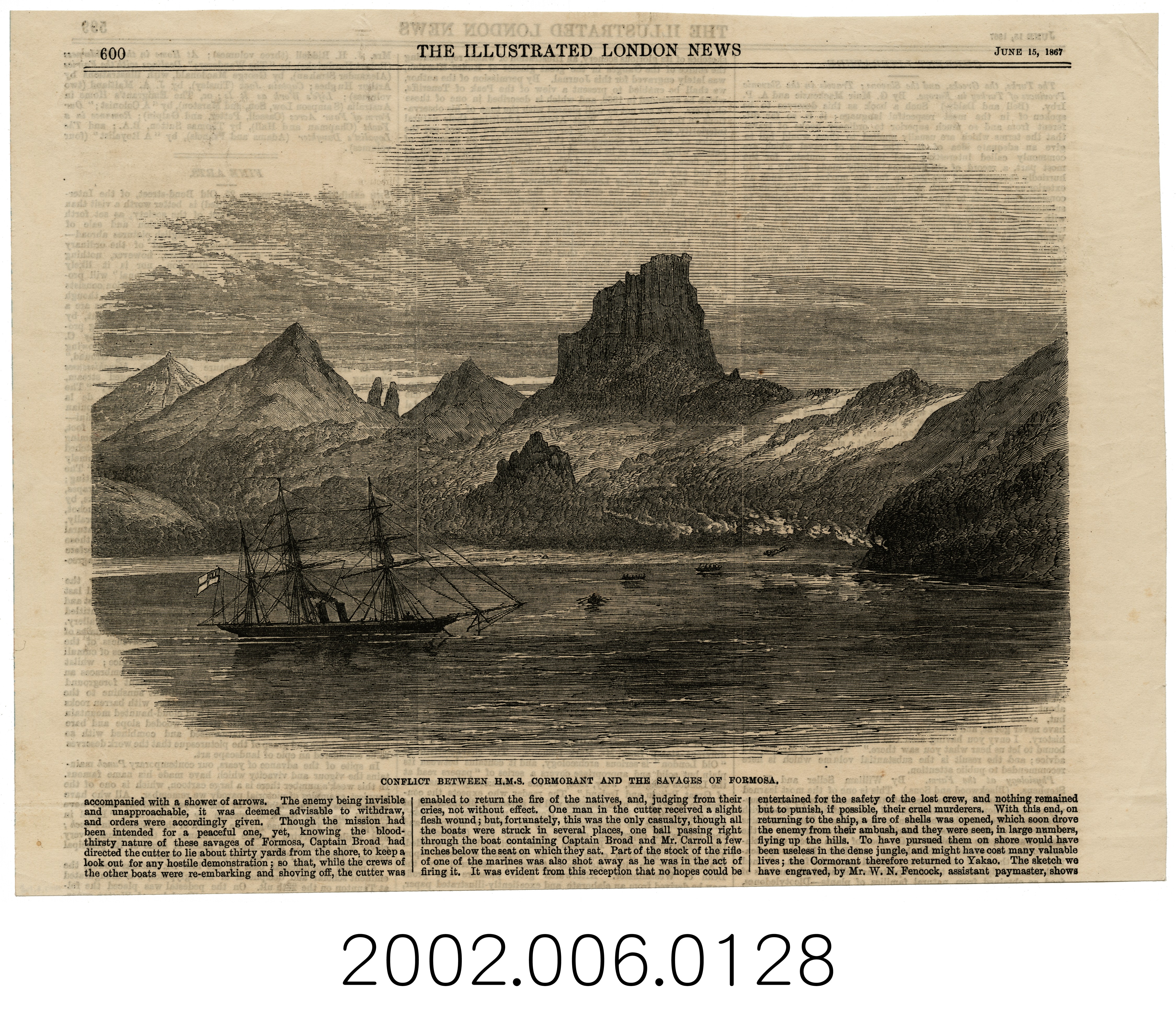 1867年6月15日《倫敦新聞畫報》之〈英國船艦鸕鶿號及福爾摩沙島上野蠻人的衝突〉 (共3張)
