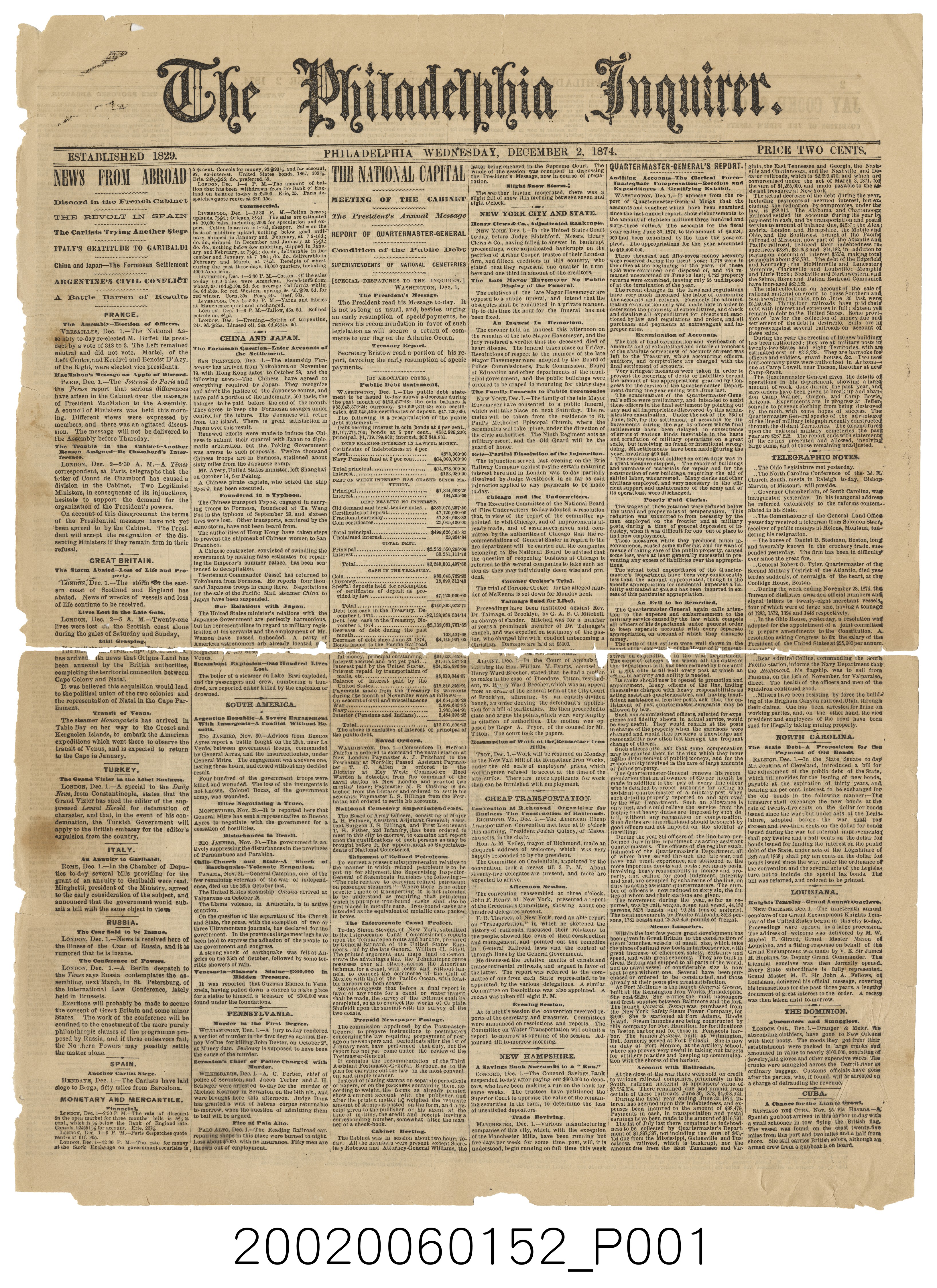 《費城詢問報》1874年12月2日散頁 (共5張)