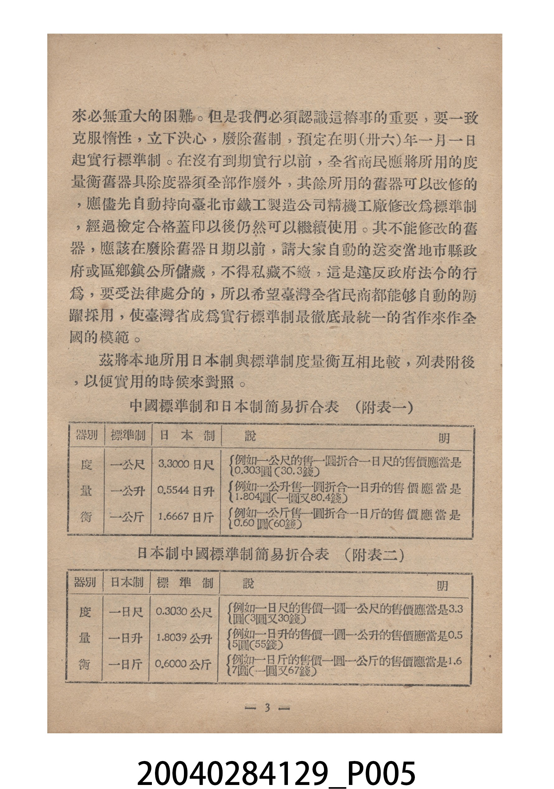臺灣省標準度量衡推行委員會印製《為推行中華民國度量衡標準制告臺灣全省民眾書附度量衡折合表》 (共27張)
