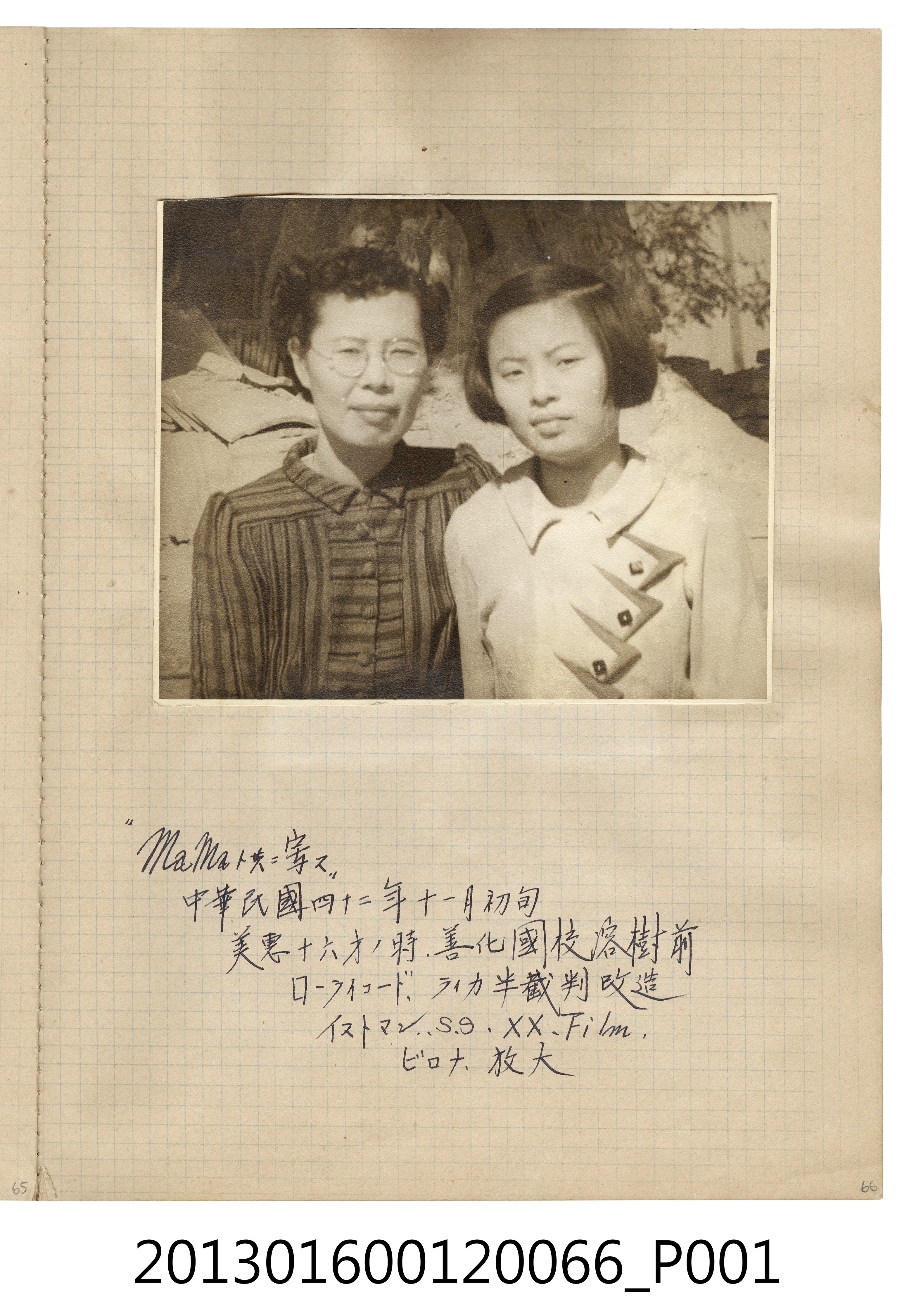 民國42年11月陳崧波妻子與女兒於善化國校榕樹前合照1張 (共2張)