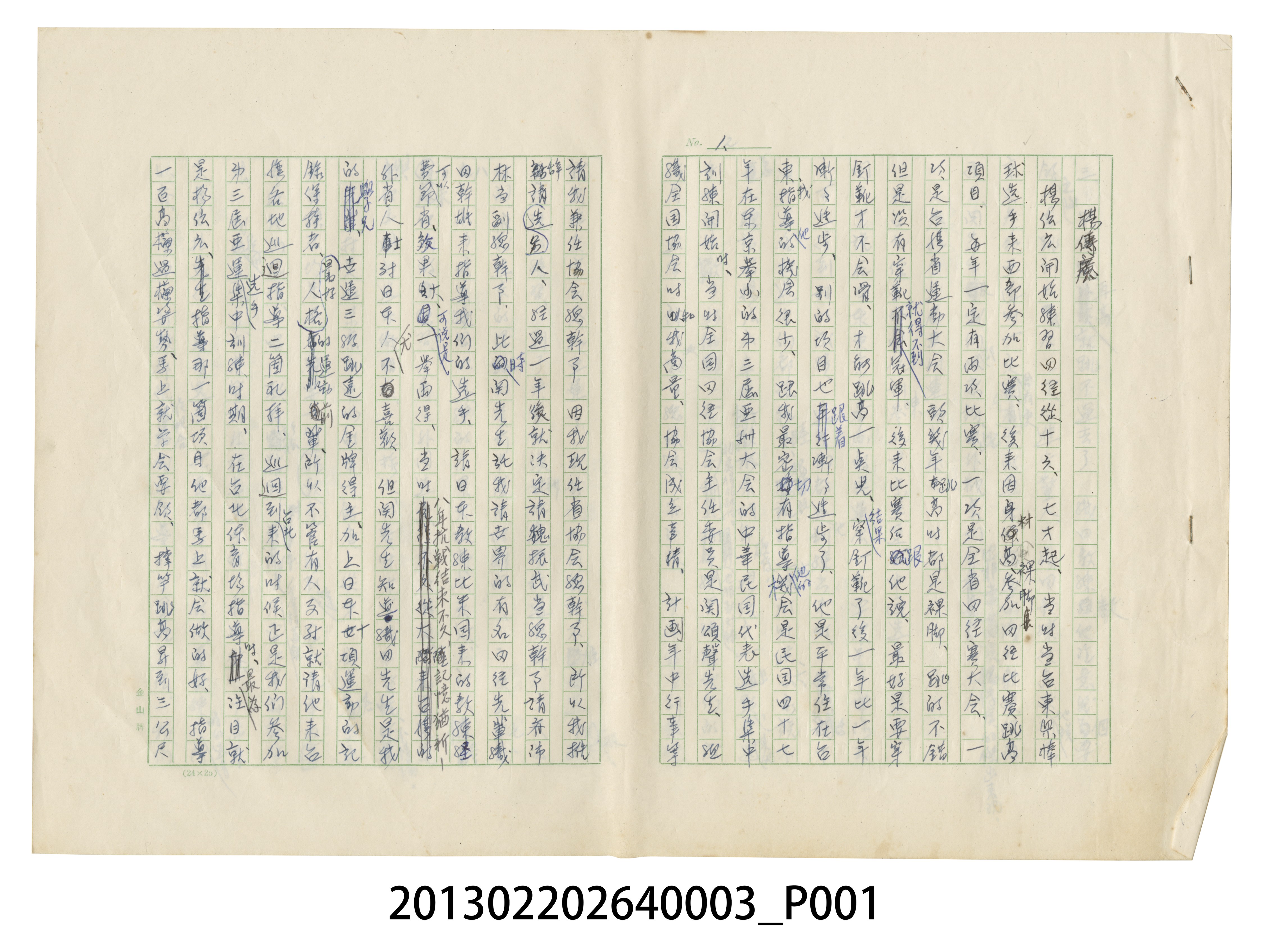 張星賢自傳〈楊傳廣〉手稿 (共16張)