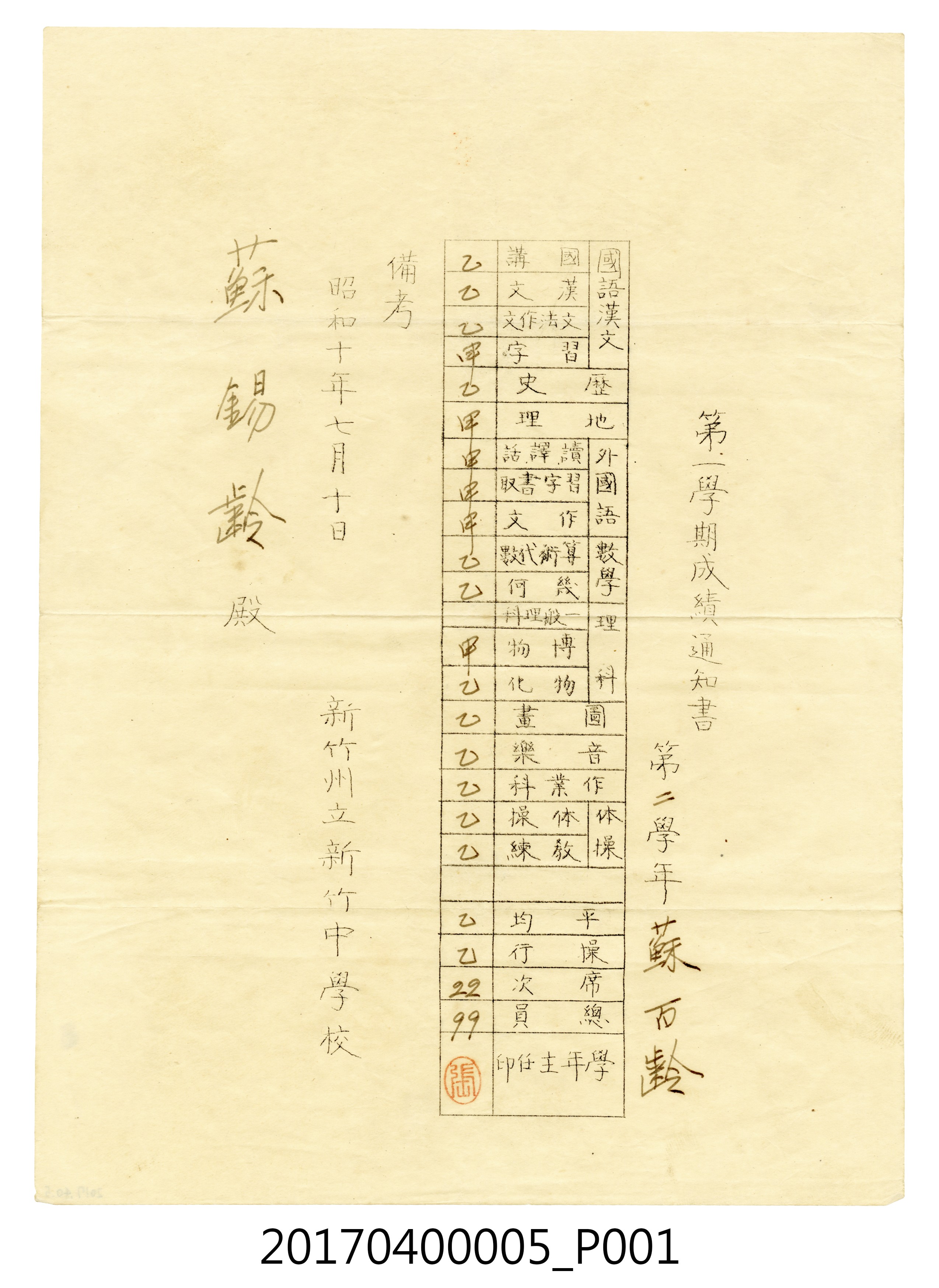 蘇百齡新竹州立新竹中學校第2學年第1學期成績通知書 (共5張)