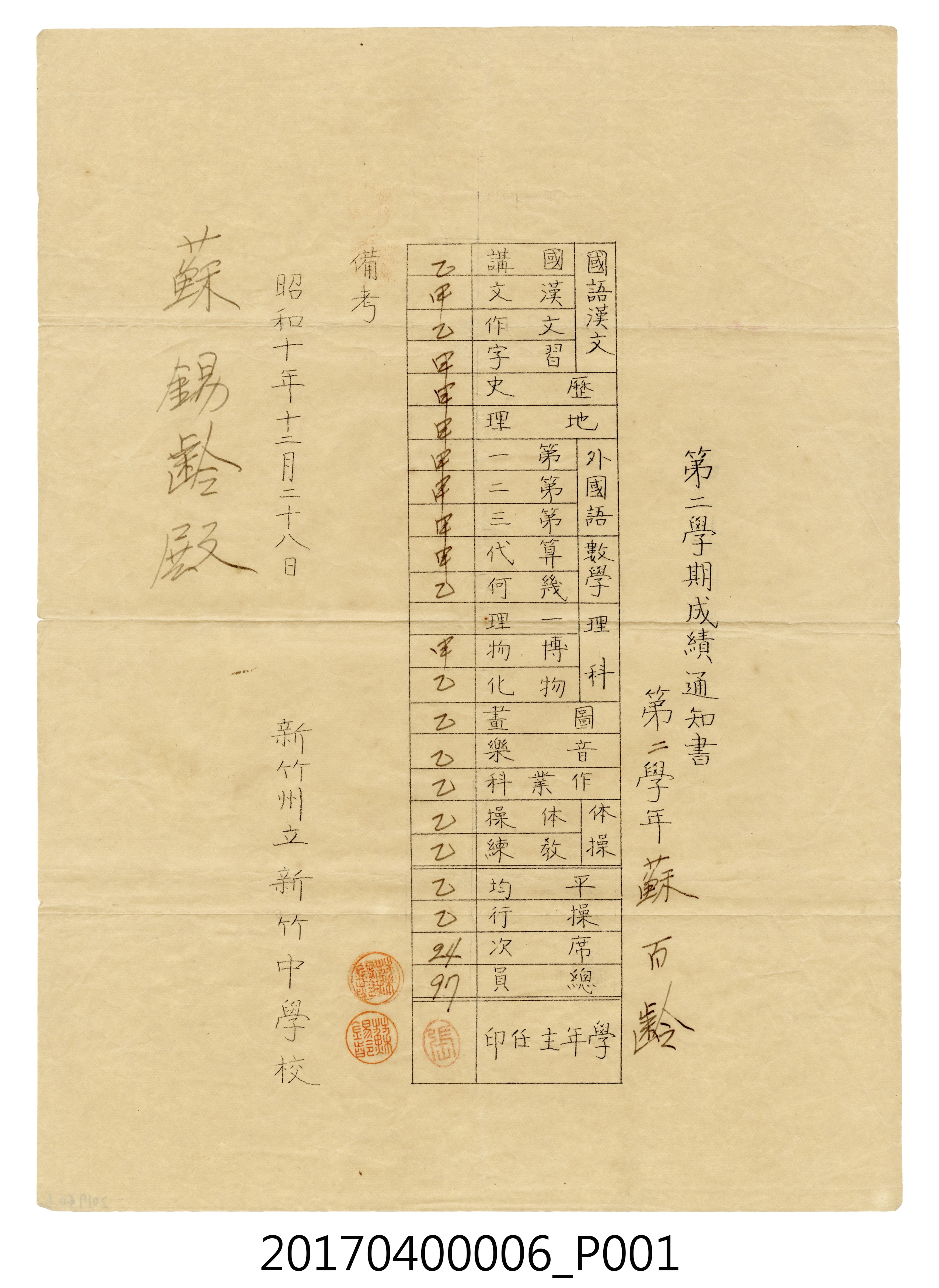 蘇百齡新竹州立新竹中學校第2學年第2學期成績通知書 (共5張)