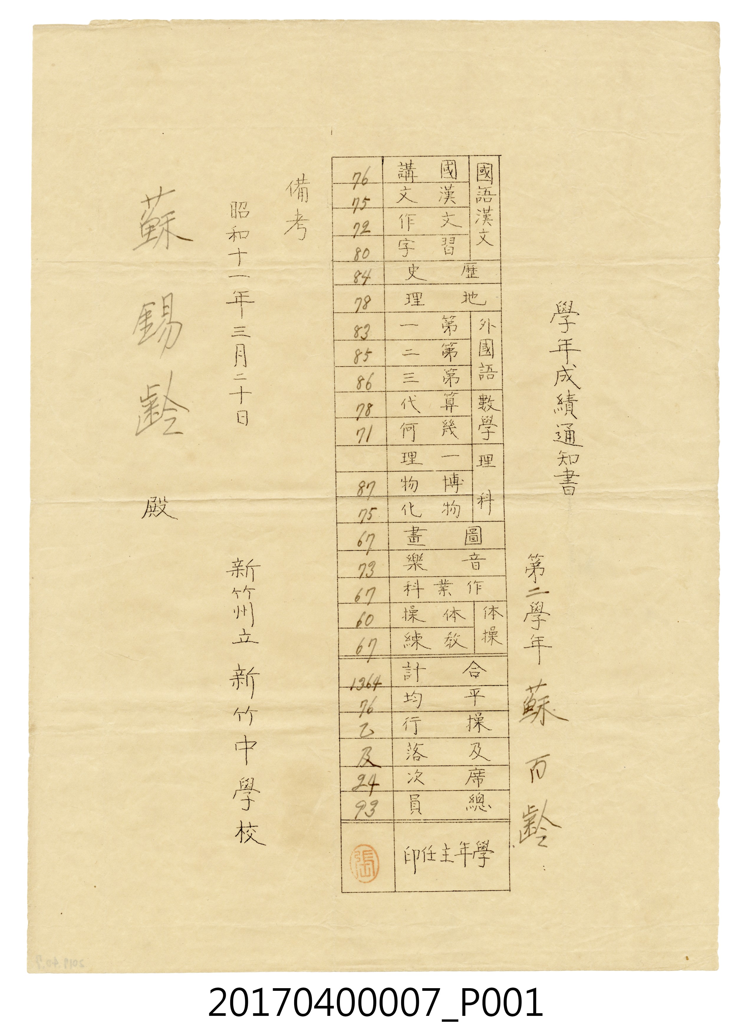 蘇百齡新竹州立新竹中學校第2學年學年成績通知書 (共5張)