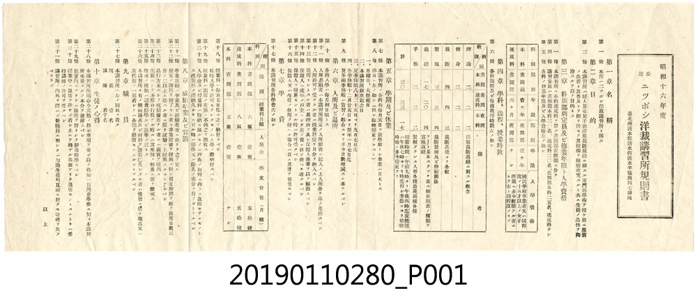 昭和16年台北州洋裁講習所規則書 (共3張)