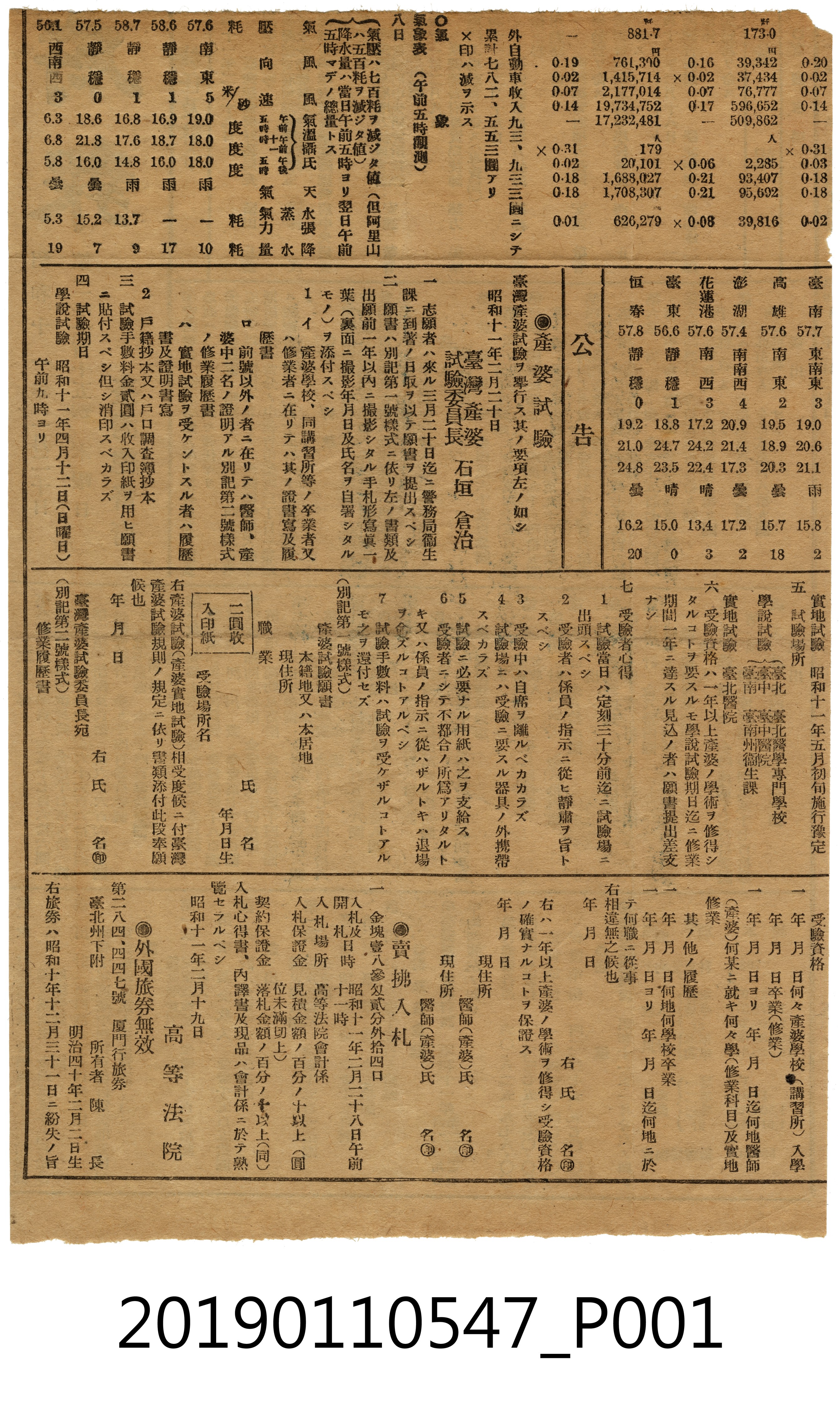 台灣總督府報登載有關產婆資格測驗的公告剪報 (共4張)