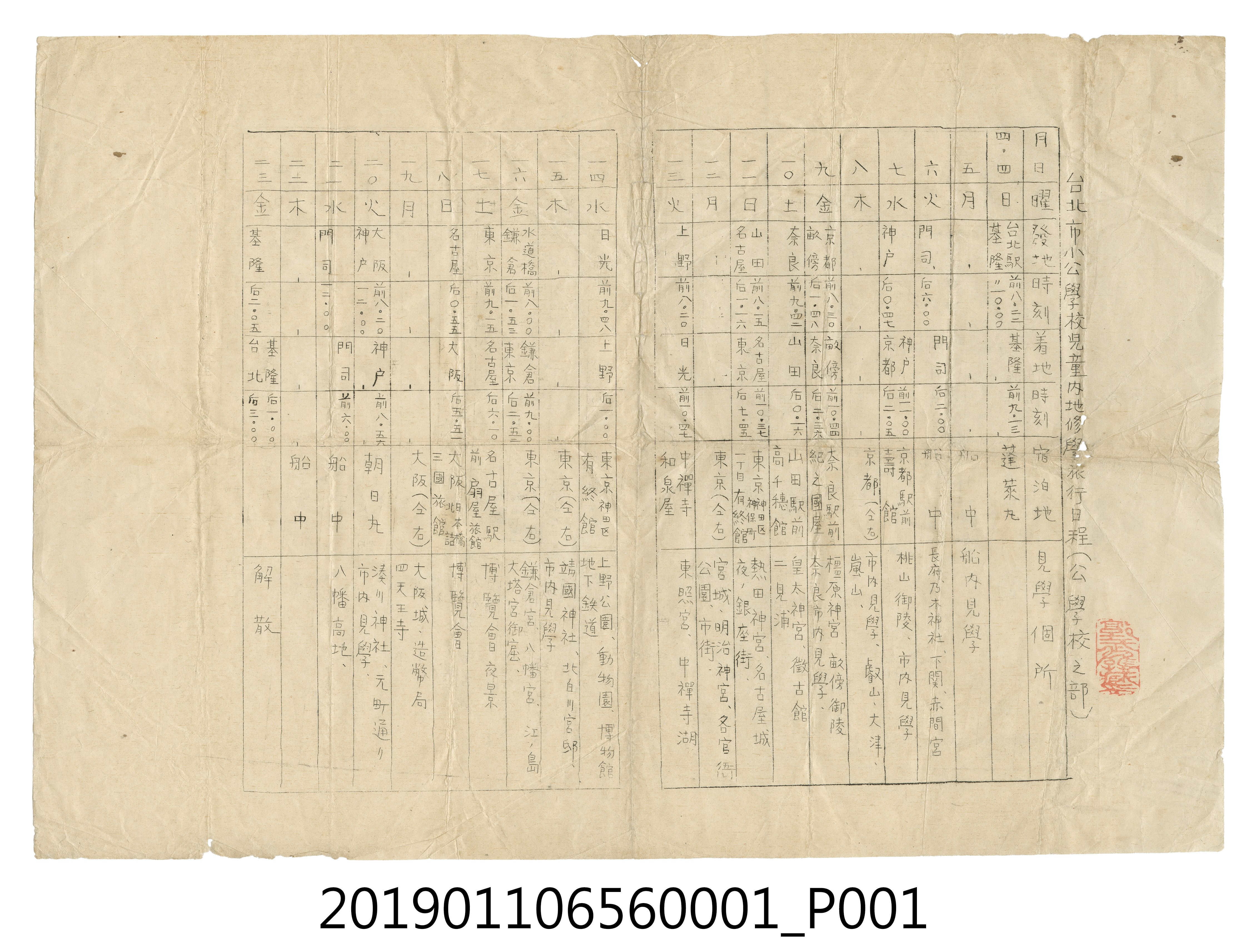 臺北市小公學校兒童內地修學旅行日程1 (共1張)