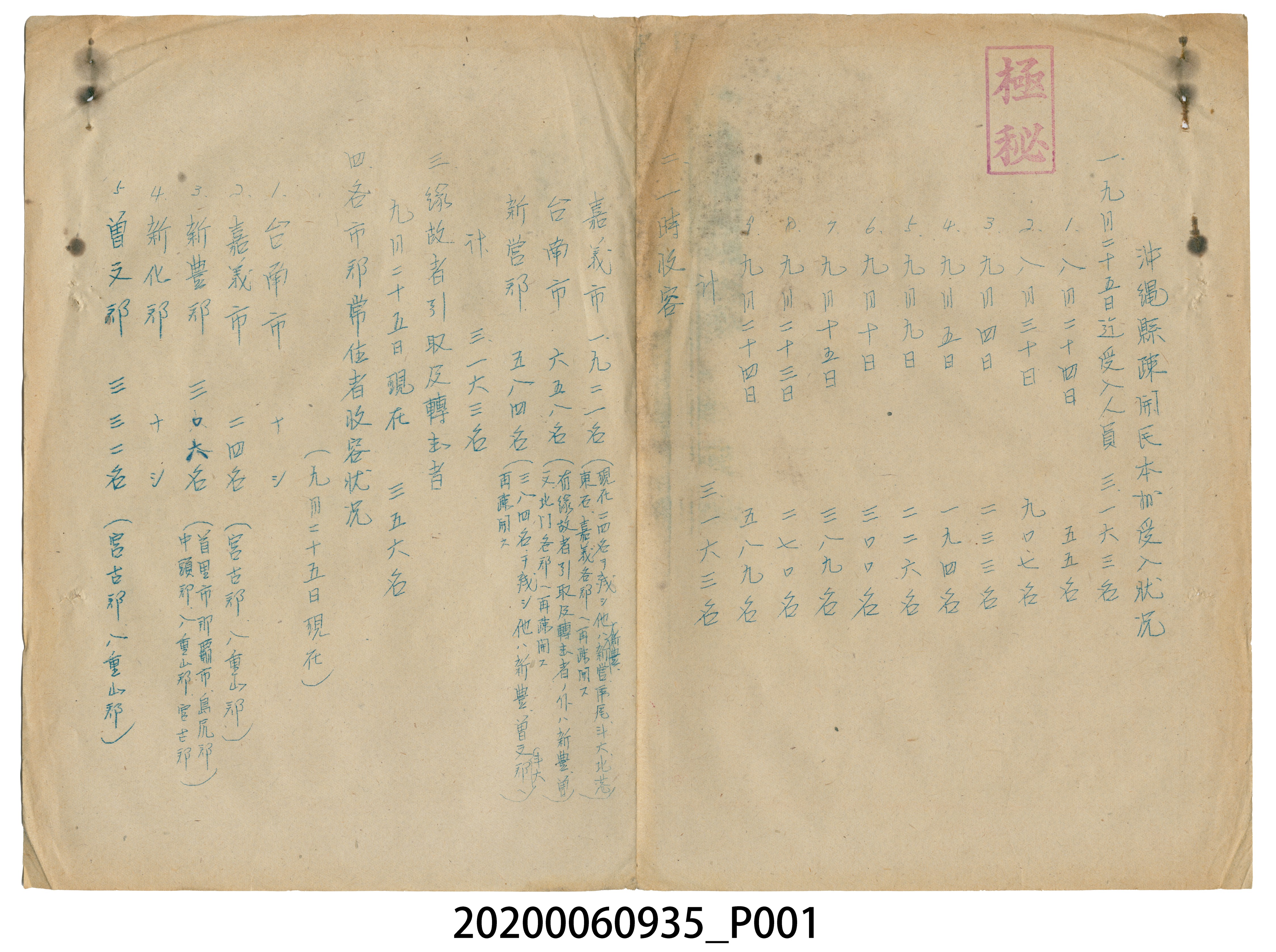沖繩縣疎開民本？受入狀況書 (共4張)