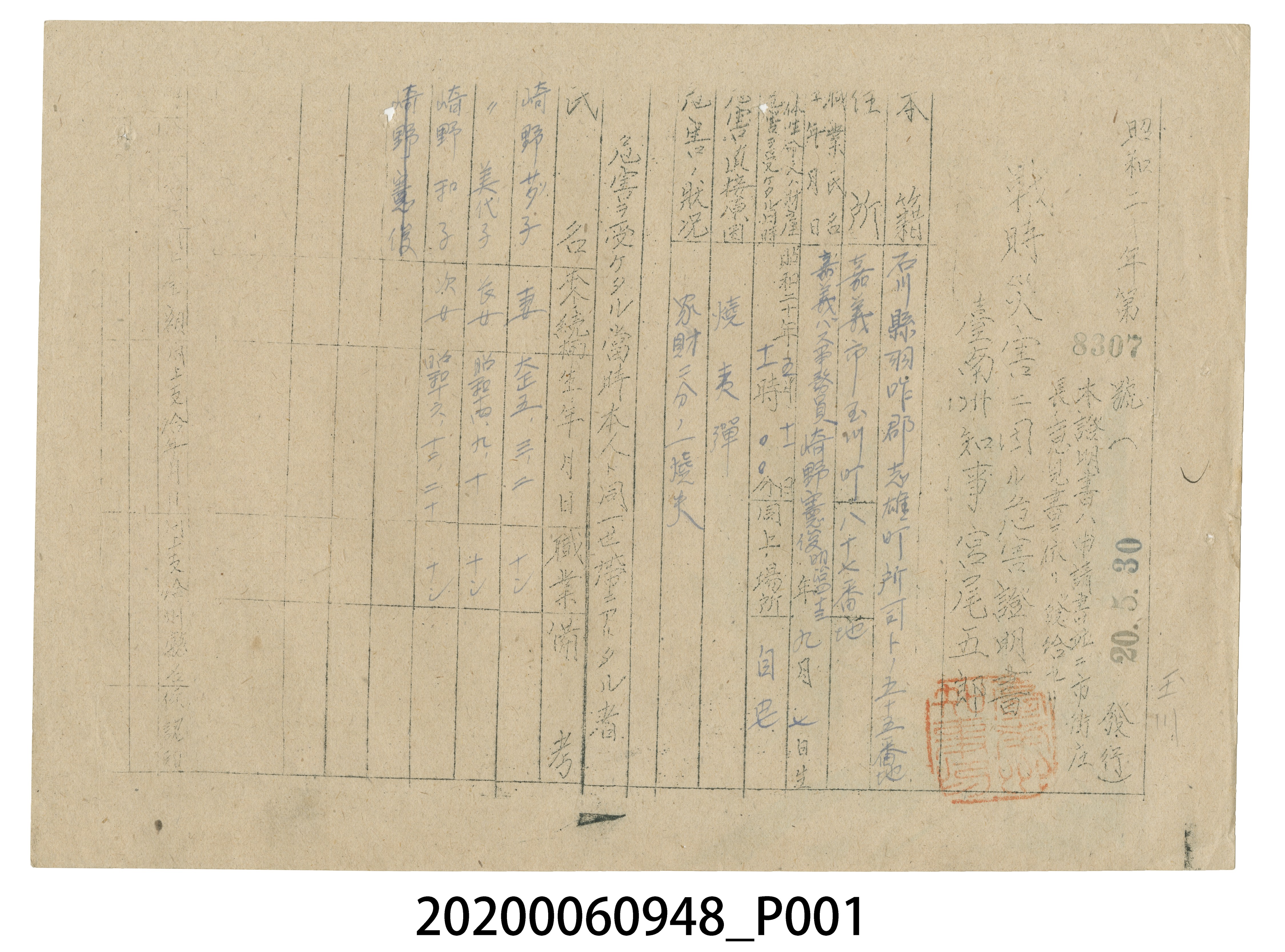 戰時造成的意外災害證明書第8307號（昭和20年5月30日發行） (共4張)