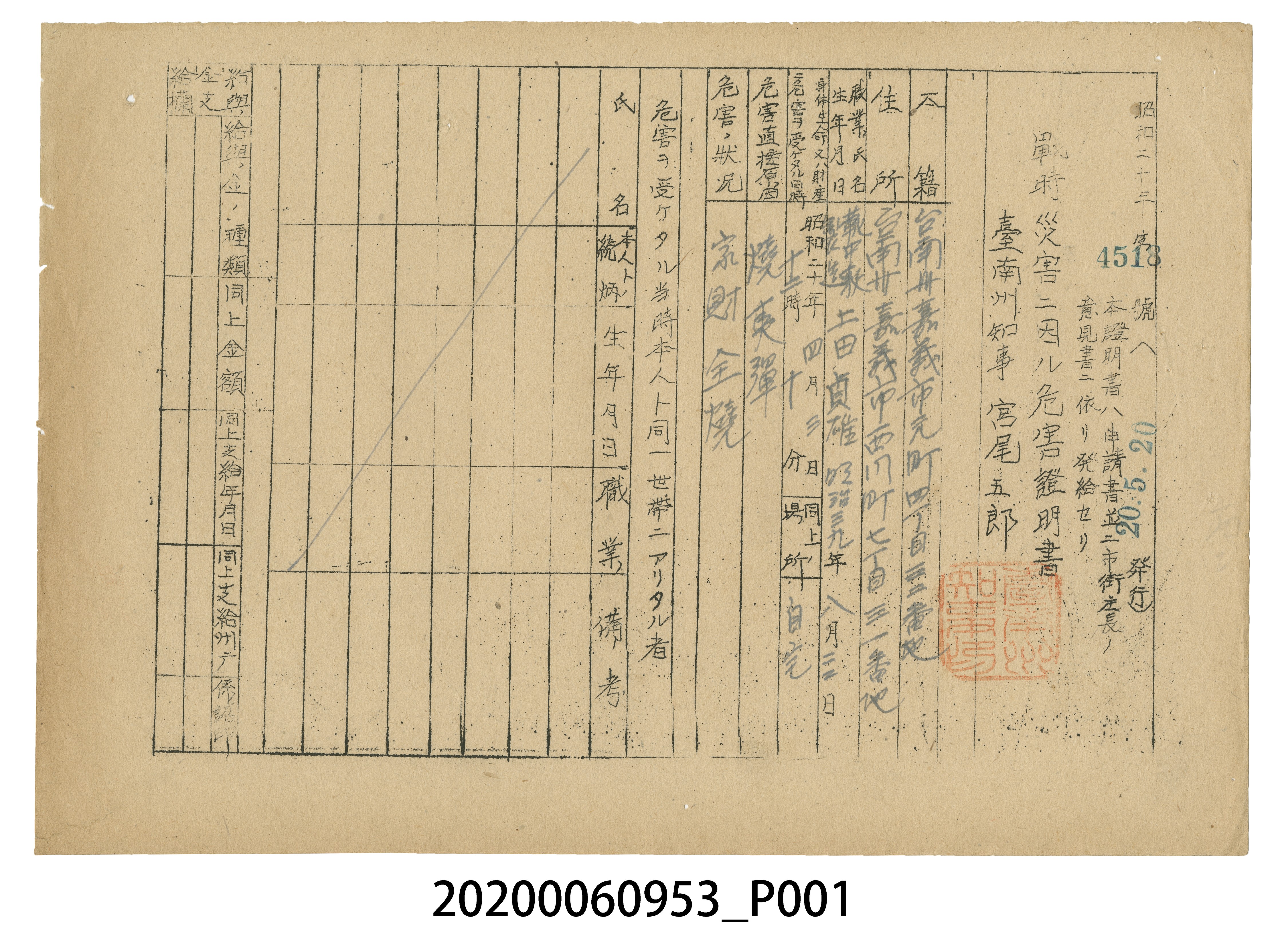 戰時造成的意外災害證明書第4518號（昭和20年5月20日發行） (共3張)