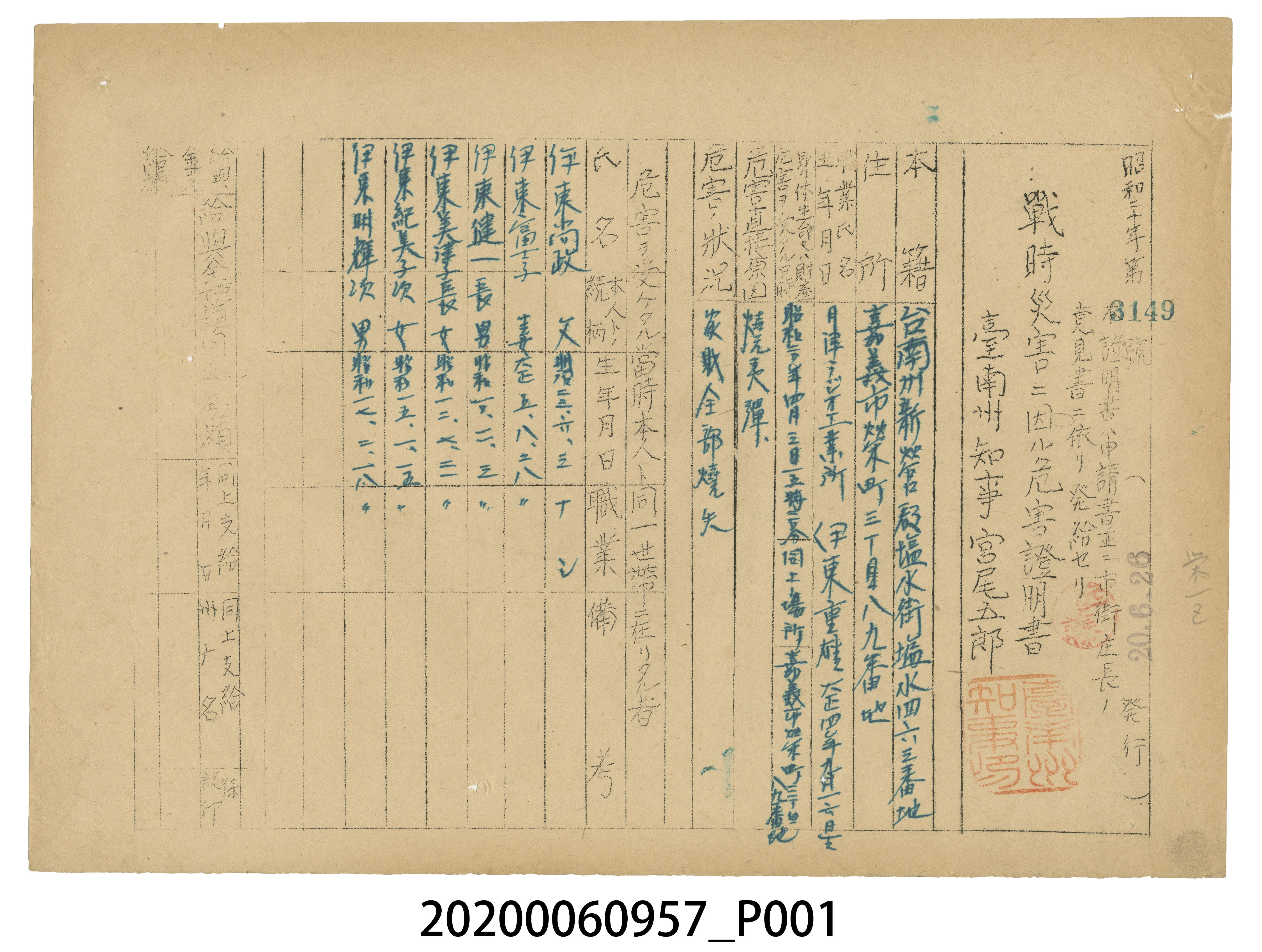 戰時造成的意外災害證明書第3149號（昭和20年6月26日發行） (共3張)