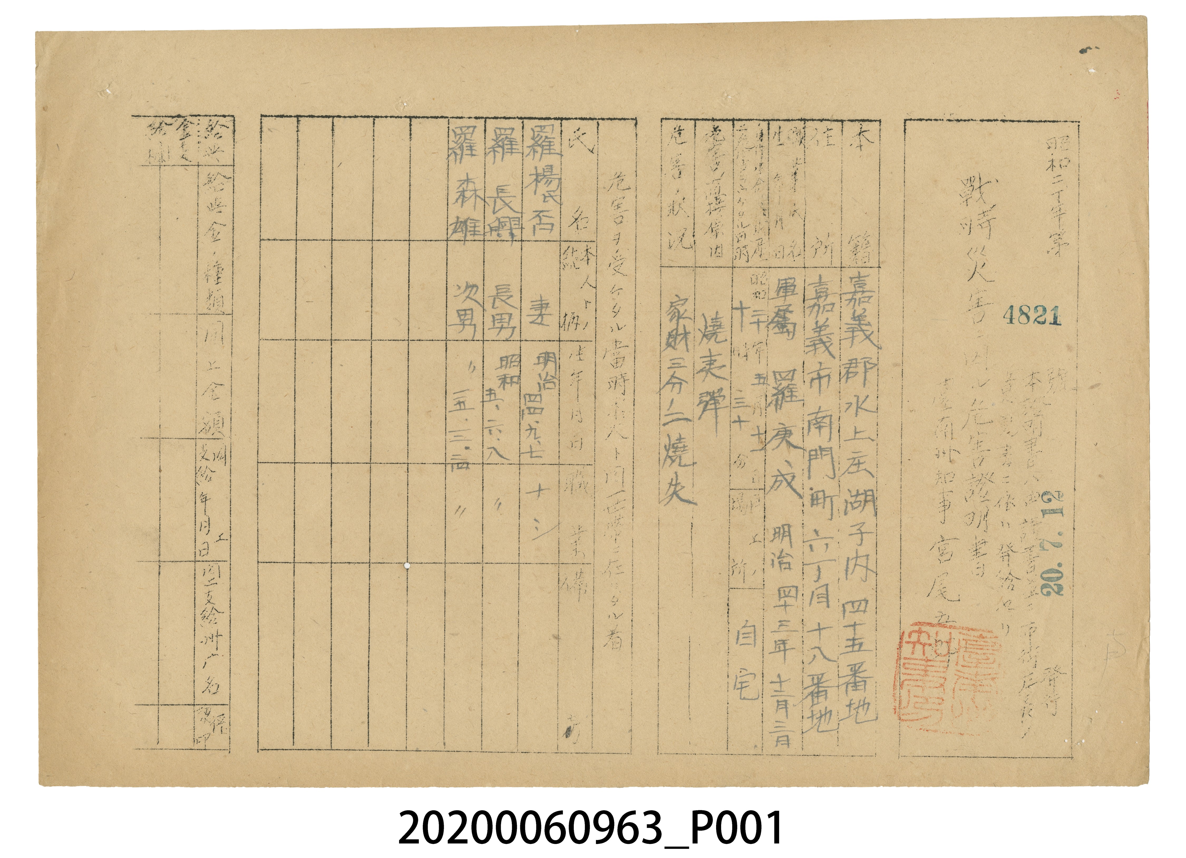 戰時造成的意外災害證明書第4821號（昭和20年7月12日發行） (共3張)