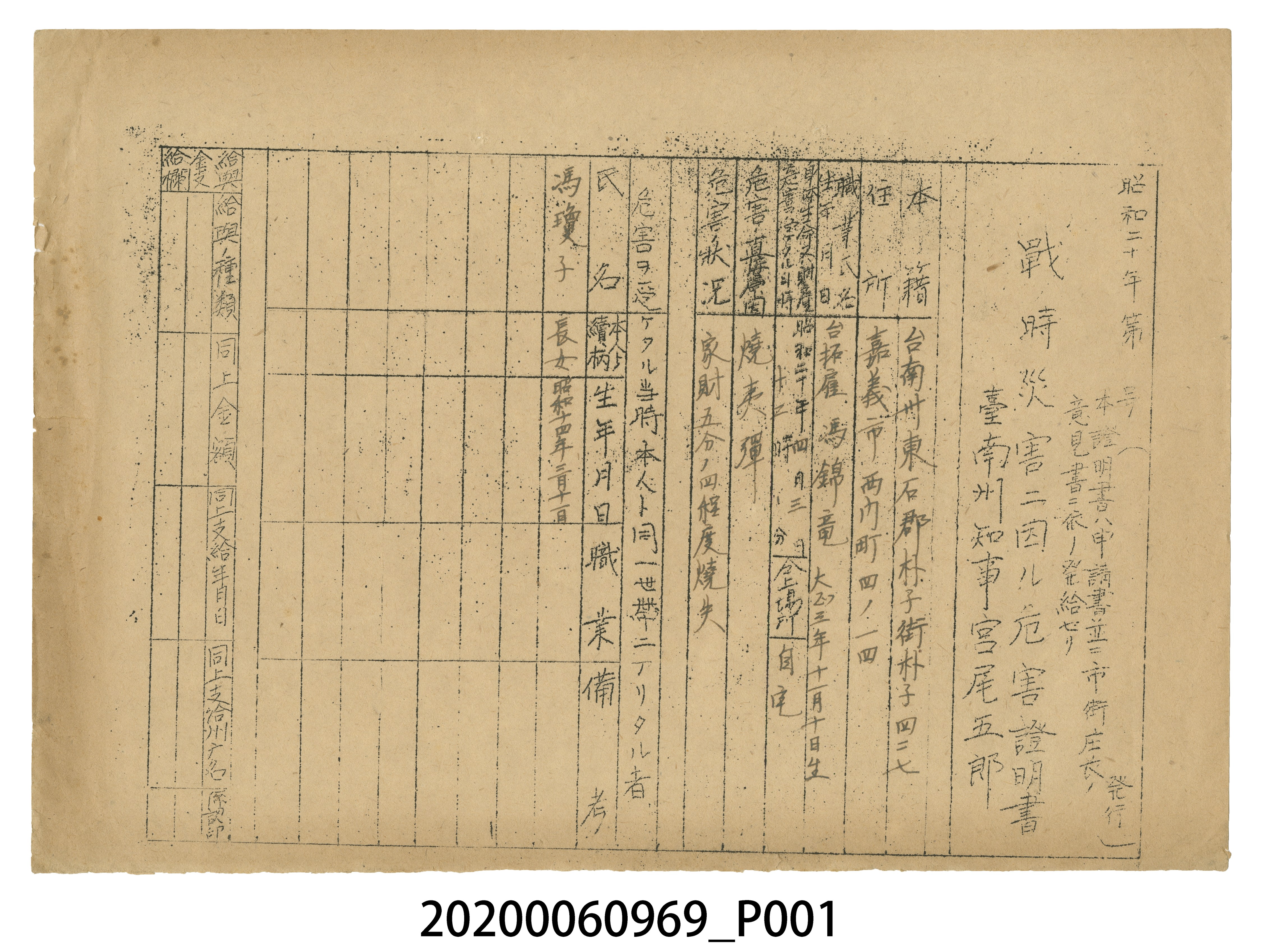 1945年5月20日馮錦竜家族之戰時造成的意外災害證明書與交付申請書 (共4張)