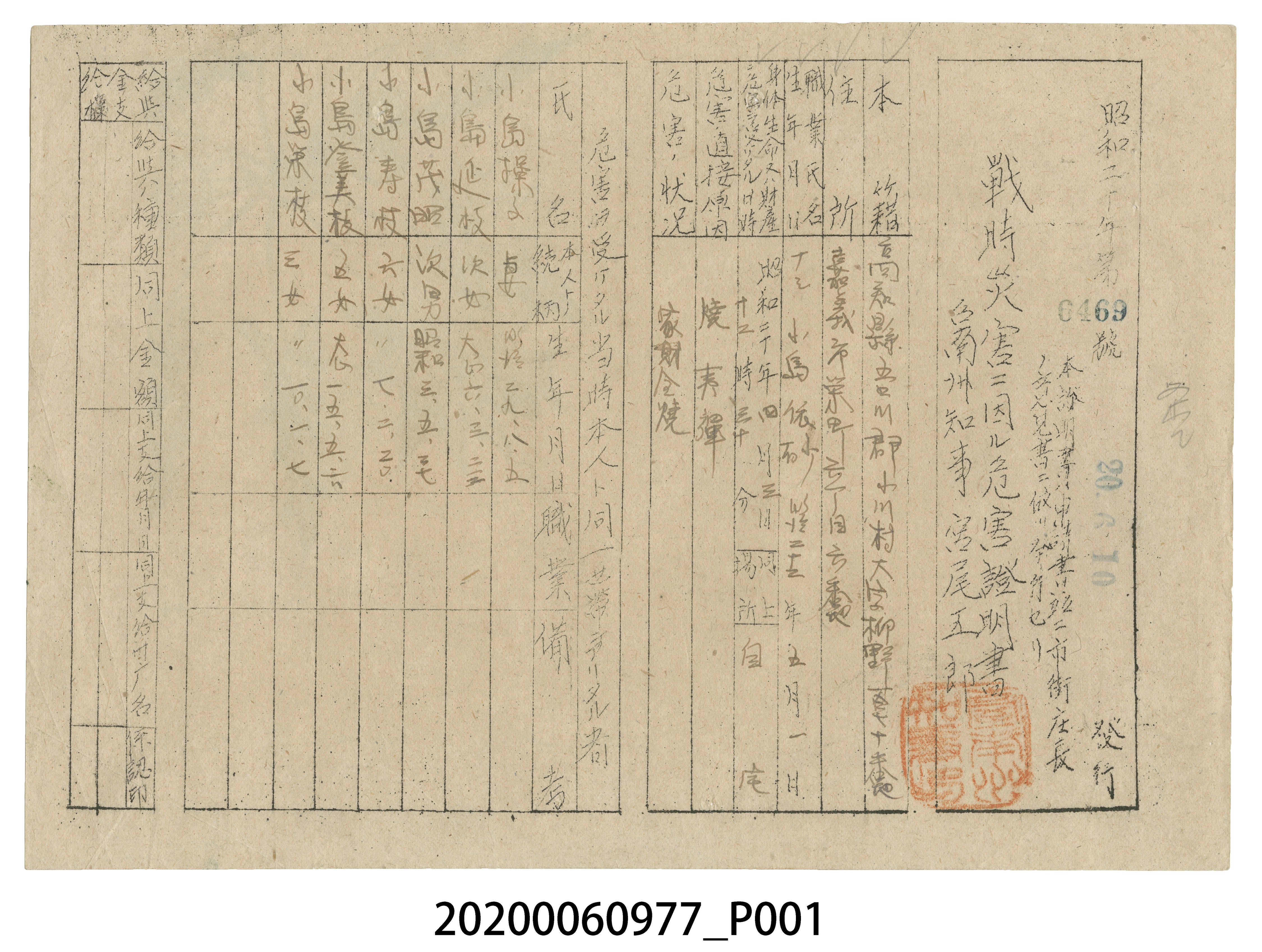 戰時造成的意外災害證明書第6469號（昭和20年6月10日發行） (共4張)