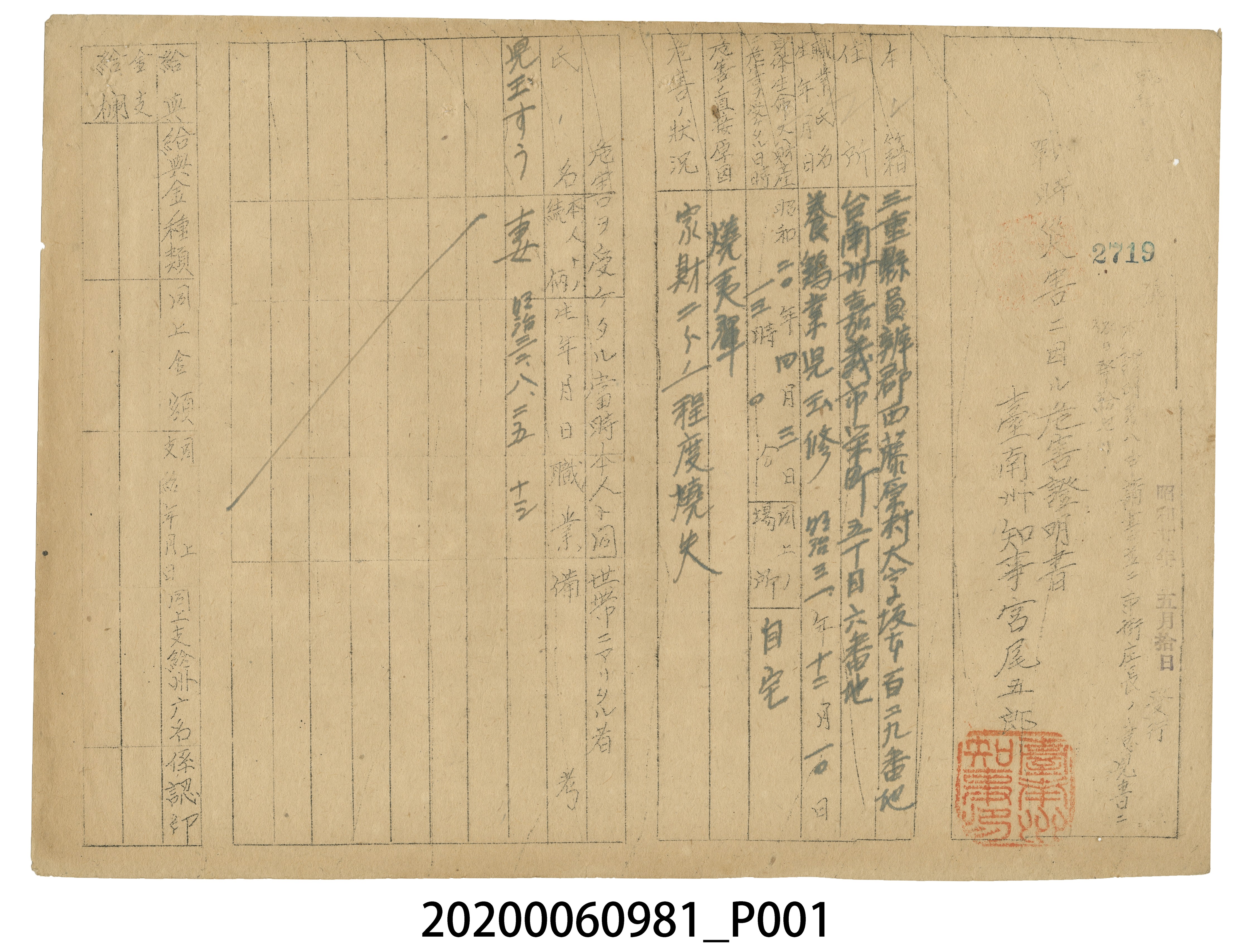 戰時造成的意外災害證明書第2719號（昭和20年5月10日發行） (共3張)